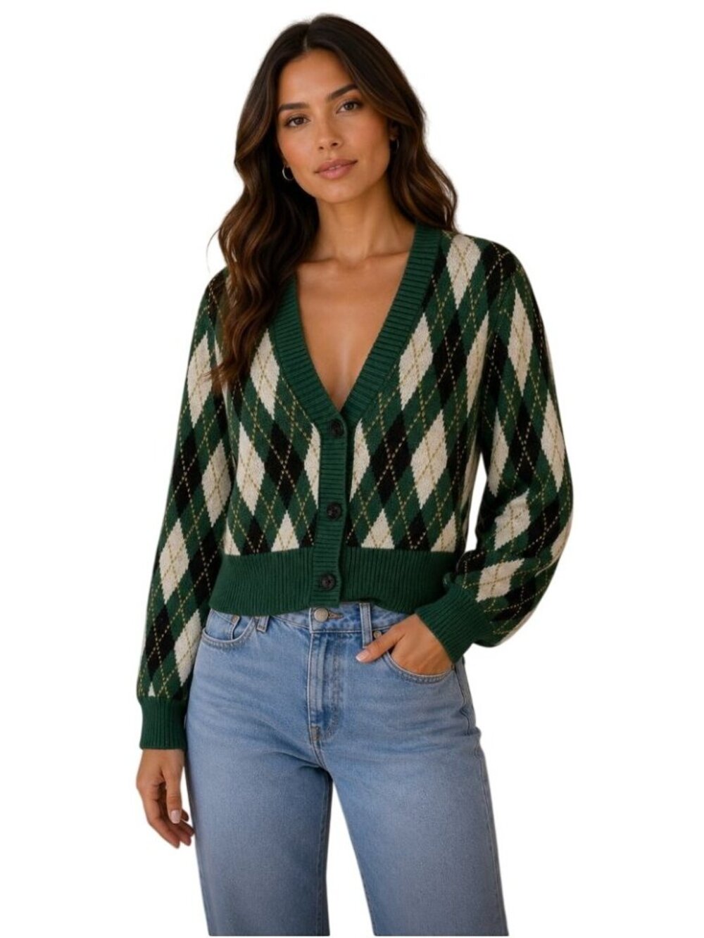 Staud Knave Cardigan in Green Cypress Argyle - Size S